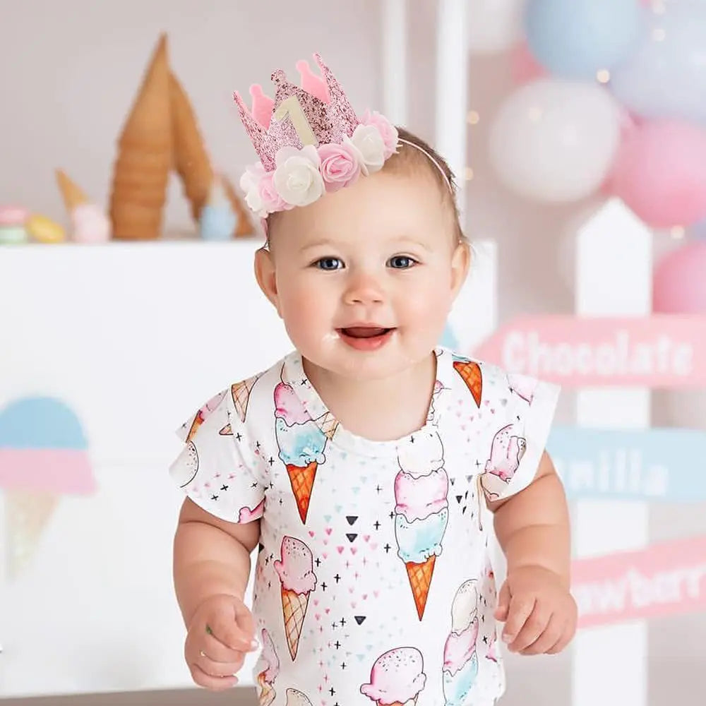 Pink White Rose 1 Year Old Crown Princess Birthday Party Props
