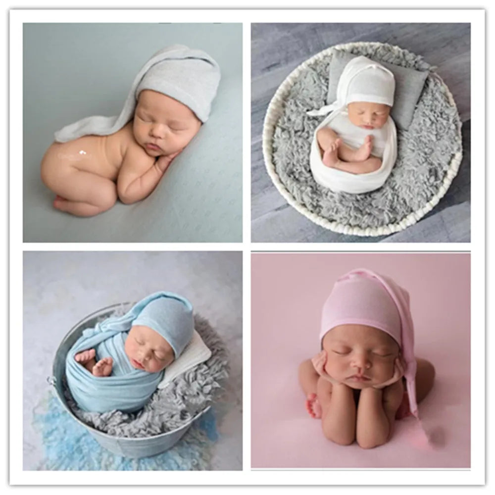 Newborn Photography Clothes Stretch Wrap Long Tail Hat 2 Pcs