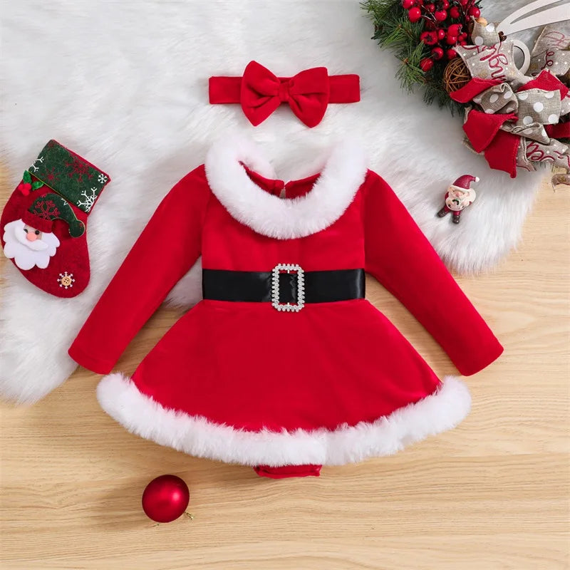 Baby Girls Christmas Velvet Romper Dress + Headband Set