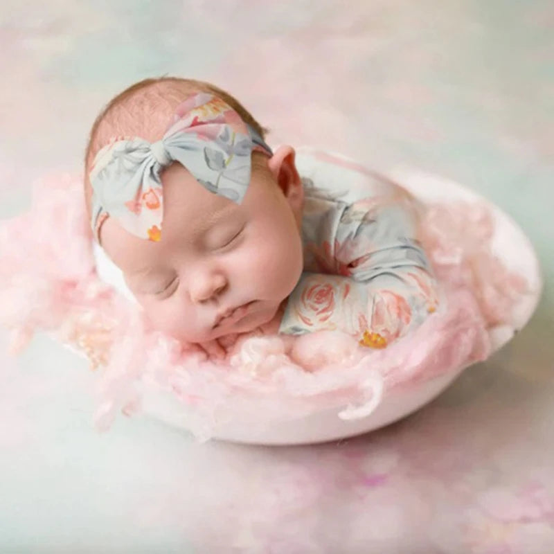 2 Pcs Newborn Photography Props Baby Flower Printed Romper Bow Headband