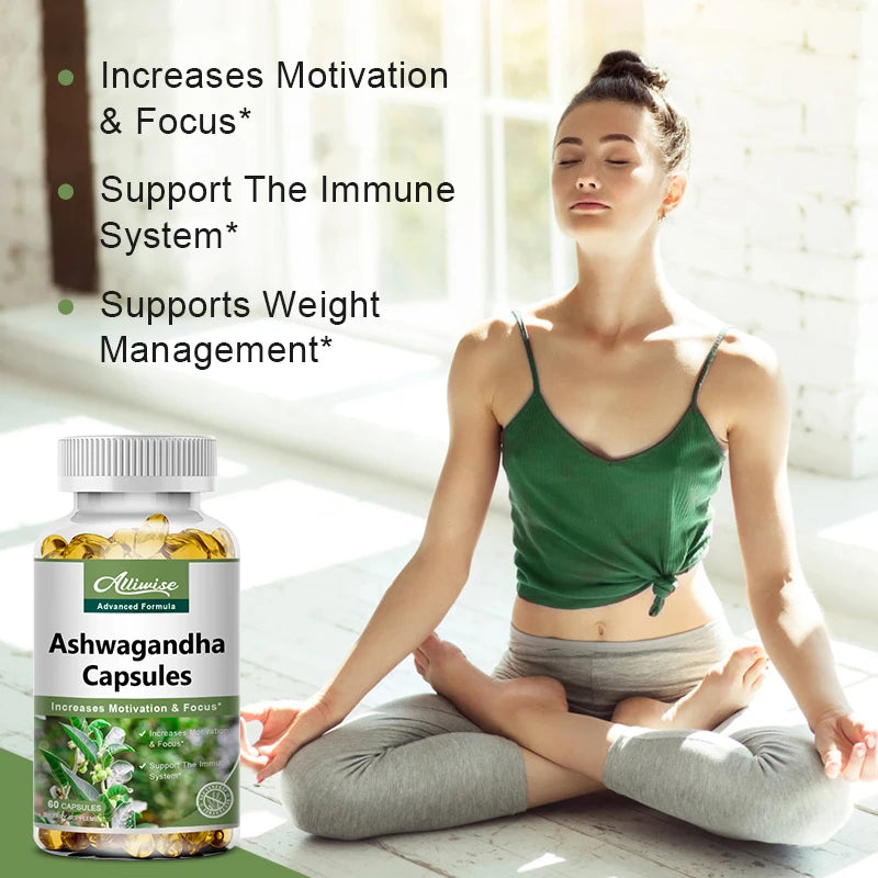 Alliwise Ashwagandha Organic Extract Capsules Relieve Stress Enhances Immunity for Boost Energy Improves Sleep Supplement