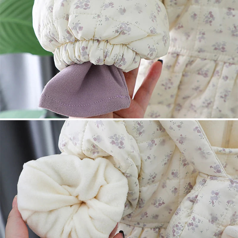 2023 Winter Baby Girls Padded Coat 2 Suits Long Sleeve Floral Backpack Infant Girls Jacket Plus Thick Warm Toddler Girls Coat