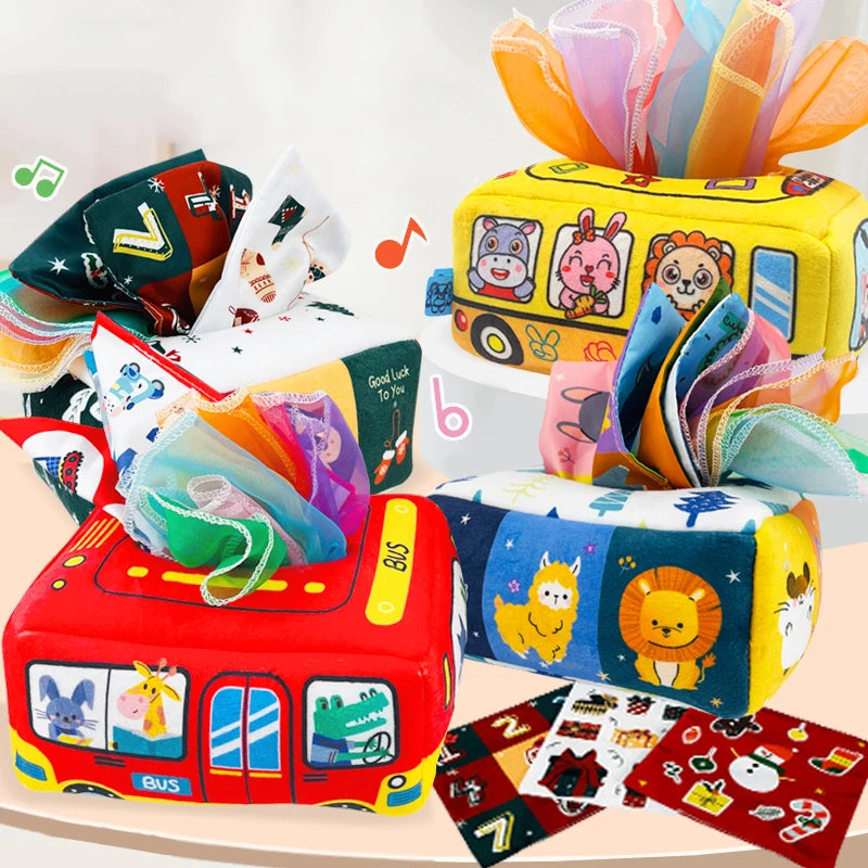 Baby Sensory Toys Infant Pull Along Magic Tissue Box Montessori Toy for 6-12 Months