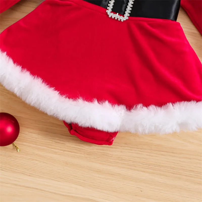 Baby Girls Christmas Velvet Romper Dress + Headband Set