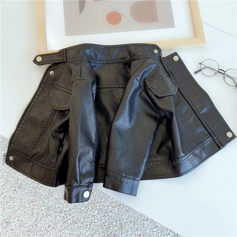 2023 Baby Spring Clothing Leather Jacket Boys & Girls Plus Fleece Warm Casual Motorcycle Leather Jacket for Children Fashionable