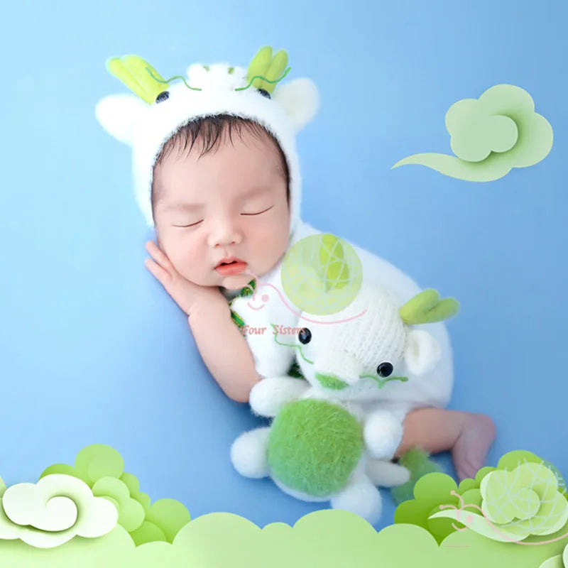 Newborn White Dragon Hat+Jumpsuit+Doll Sets Baby Photo Props