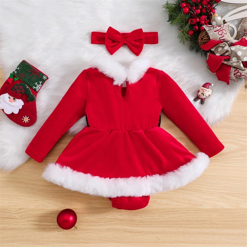 Baby Girls Christmas Velvet Romper Dress + Headband Set