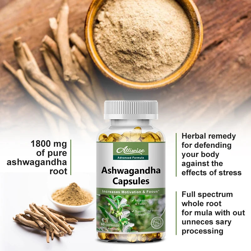 Alliwise Ashwagandha Organic Extract Capsules Relieve Stress Enhances Immunity for Boost Energy Improves Sleep Supplement
