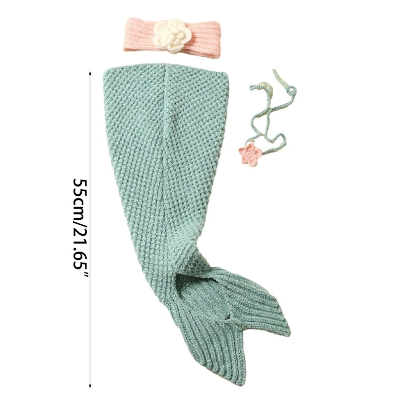 3pc Baby Photography Props Knitted Mermaid tail Costume + flower Hairband set