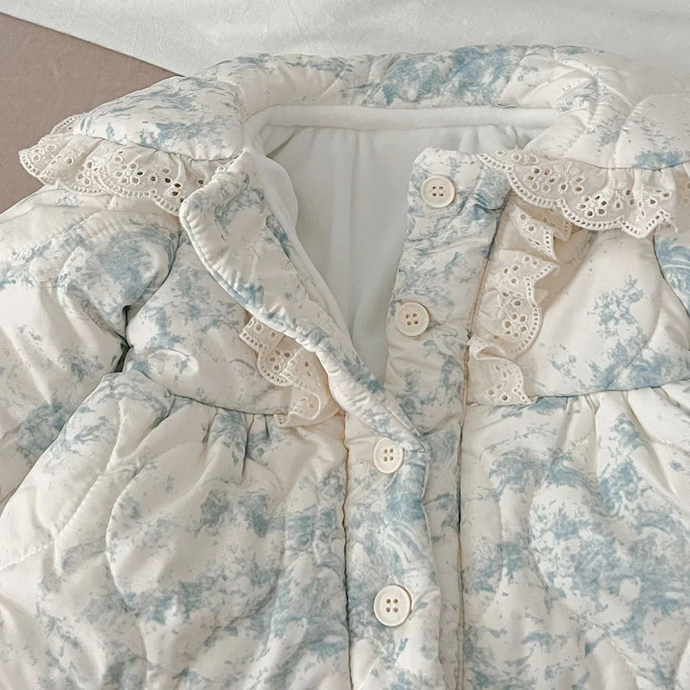 2023 Ins Winter Korean Baby Girls Outwear Coat Cotton Floral Plus Velvet Thick Warm Infant Girls Rompers Toddler Girls Jacket