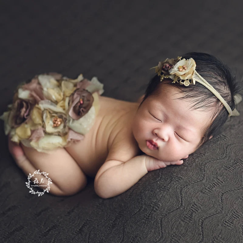 Newborn Photography Costume Headband+Round Flower Cover Clothing