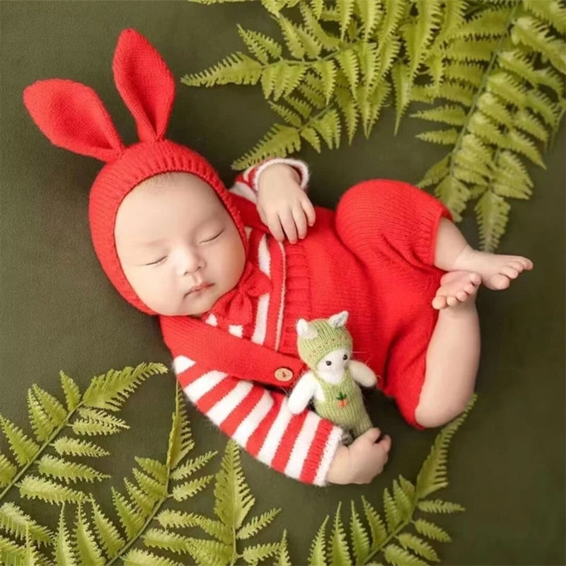 Newborn Photography red Rabbit Romper with Hat Boy Girl Baby Photo Outfit Infant Photo Shoot Props Suitable for 0-3 Month Babie