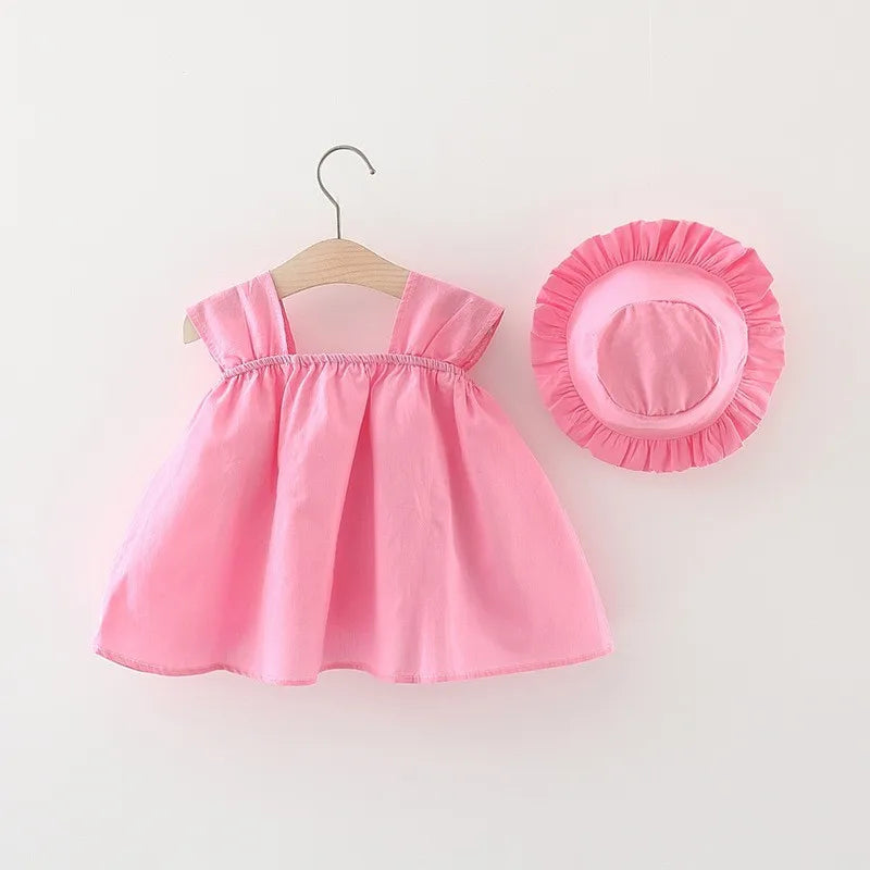 2pcs Cotton Baby Girls Dress+Sunhat Princess Clothes 1-3Y