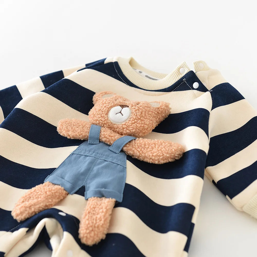 2023 Spring Autumn Korean Infant Boys Jumpsuit Patched Cartoon Bear Boys Striped Romper Thick Button Long Sleeve Toddler Outfit
