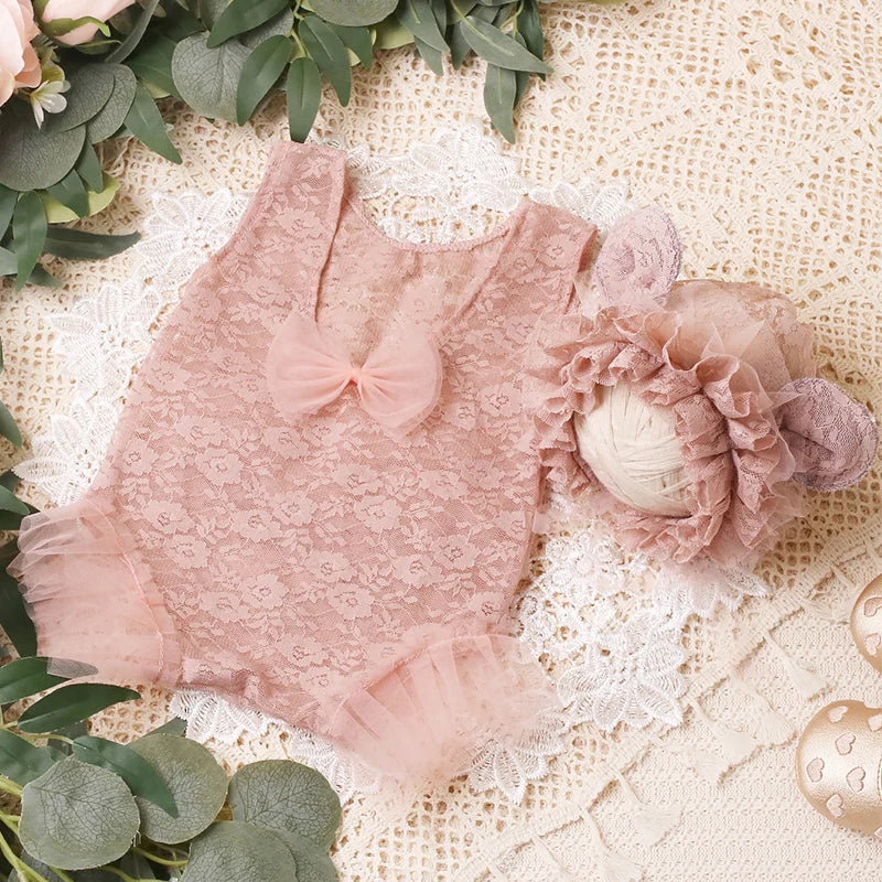 Lace Romper with Ear Hat Dusty Pink Baby Girl Photography Clothes