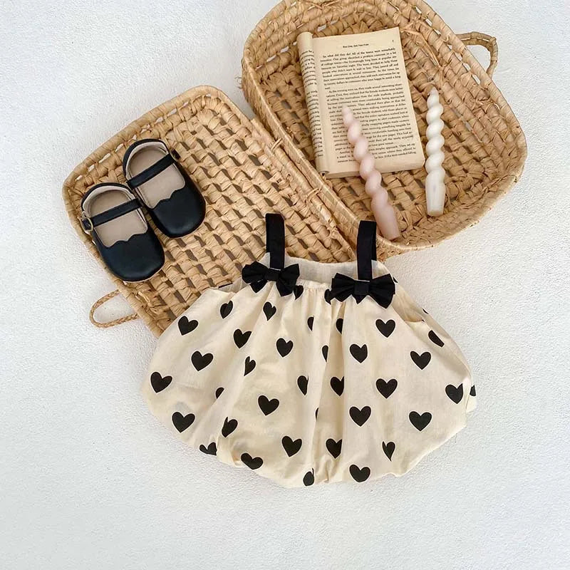 2024 Spring Baby Bow Love Print Suspenders Cotton Tops Suit