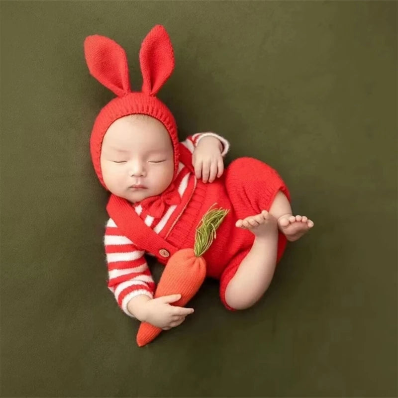 Newborn Photography red Rabbit Romper with Hat Boy Girl Baby Photo Outfit Infant Photo Shoot Props Suitable for 0-3 Month Babie
