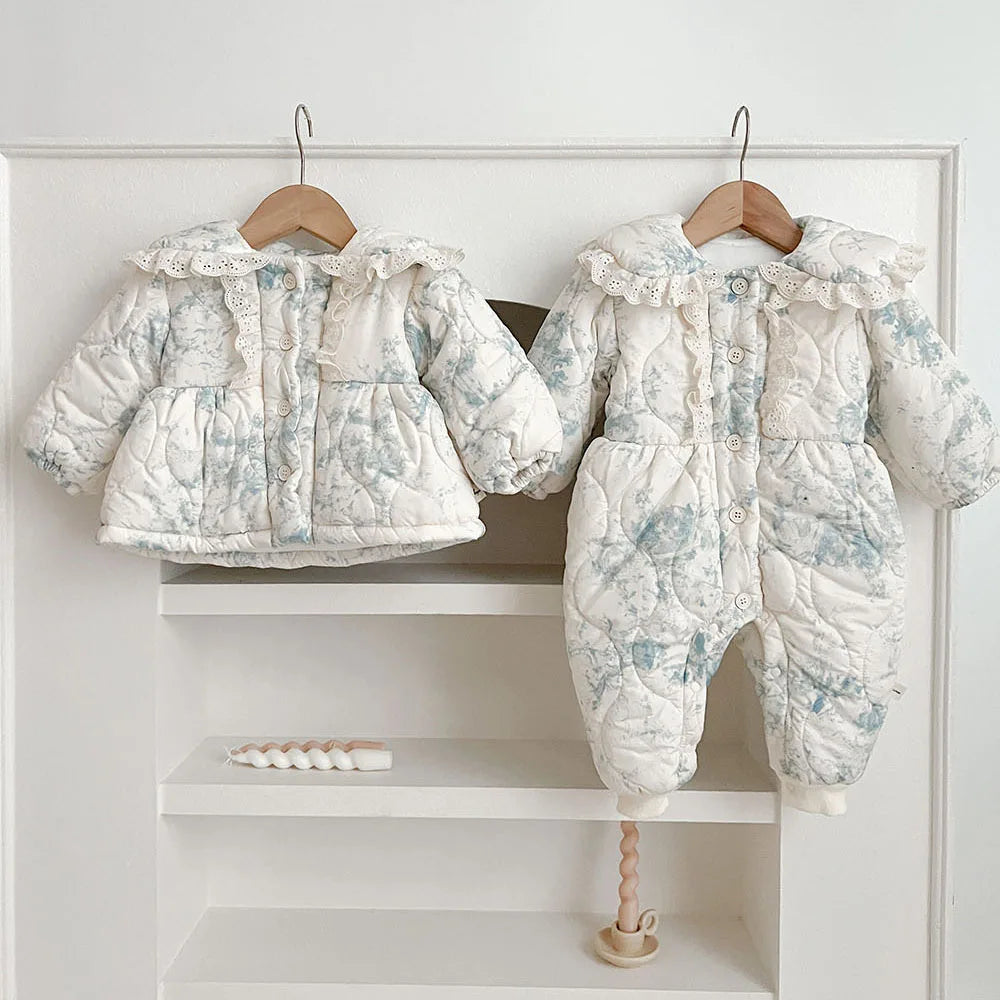 2023 Ins Winter Korean Baby Girls Outwear Coat Cotton Floral Plus Velvet Thick Warm Infant Girls Rompers Toddler Girls Jacket