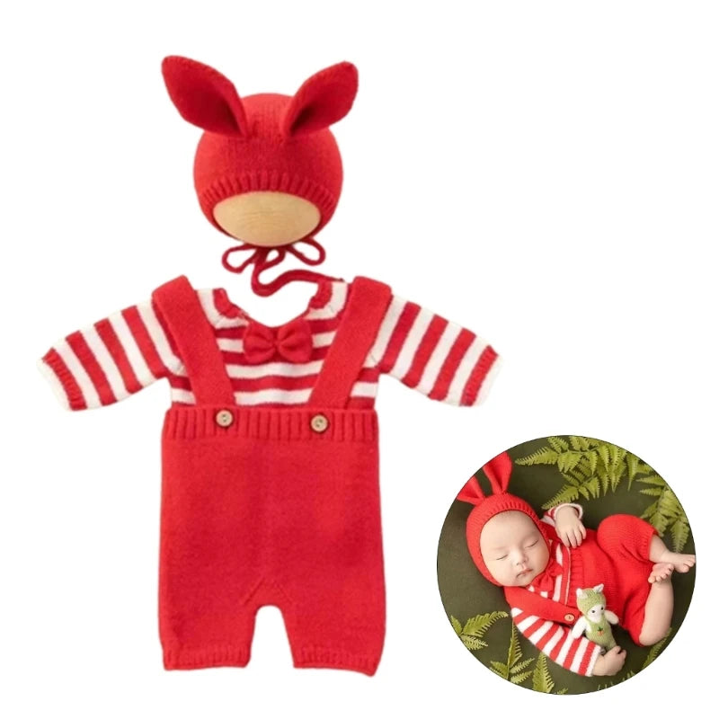 Newborn Photography red Rabbit Romper with Hat Boy Girl Baby Photo Outfit Infant Photo Shoot Props Suitable for 0-3 Month Babie