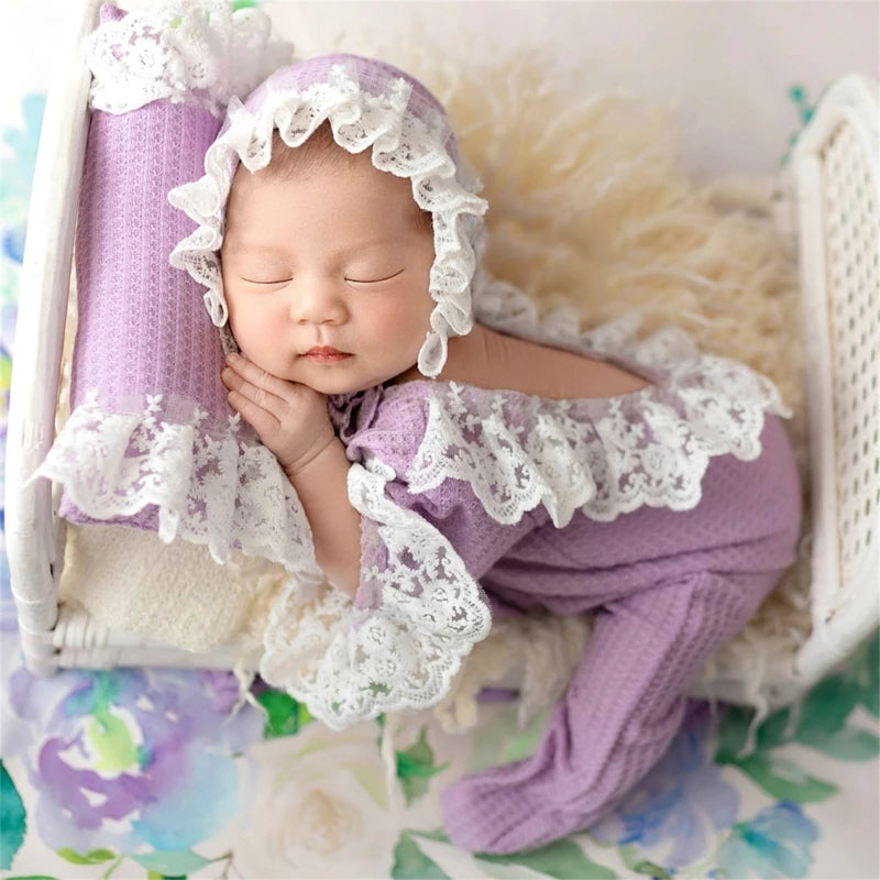 Newborn Photography Props Pillow & Lace Rompers & Ruffle Shooting Outfits