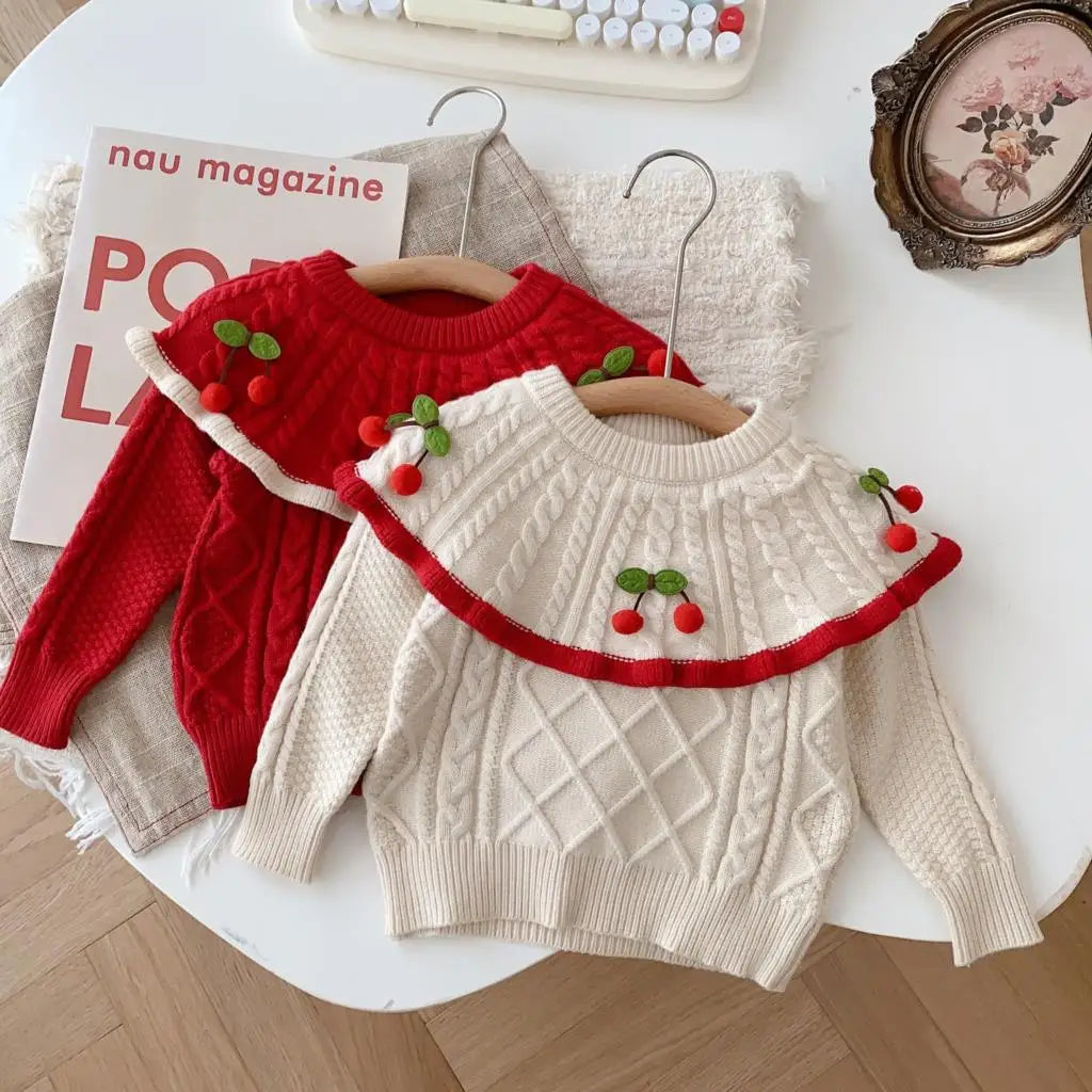 Autumn Winter Korean Baby Girls Pullover Cute 3D Cherry Pattern Stripe Fashion Infant Girls Kniwear Casual Newbron Girls Sweater