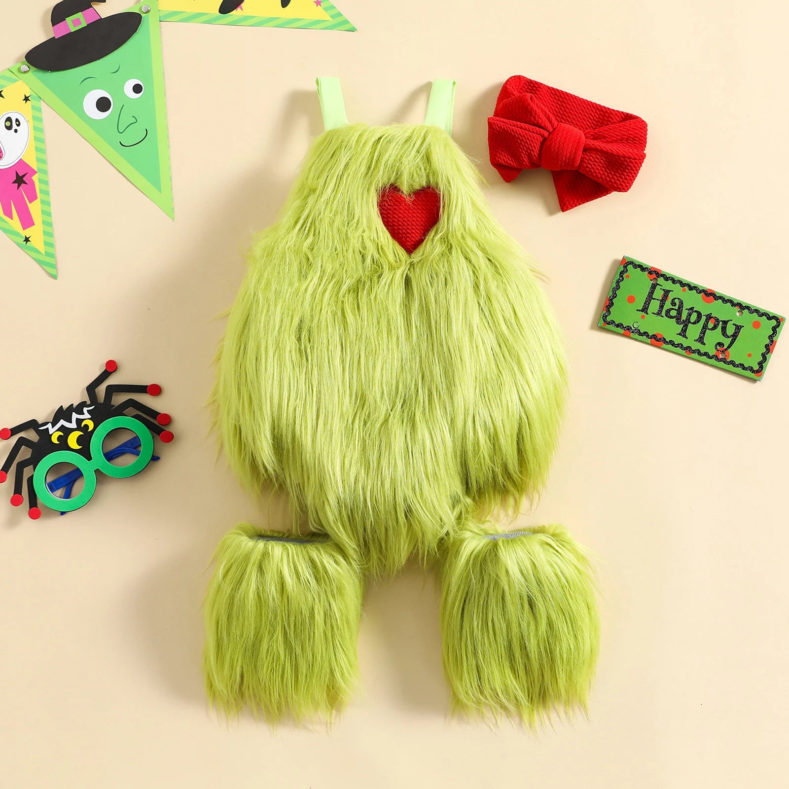 0-3Y Baby Romper Heart Applique Halter Headband+ Leg Warmer