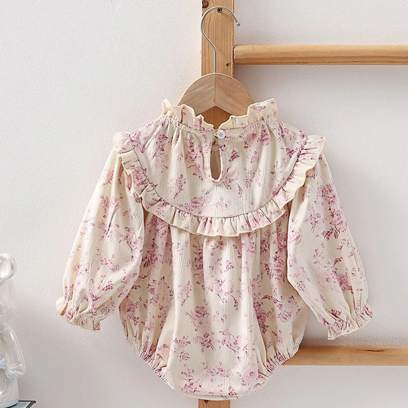 2024 New Spring Infant Baby Girl Bodysuits Long Sleeved Corduroy Floral Printing Newborn Baby Girl Jumpsuit Children Clothes