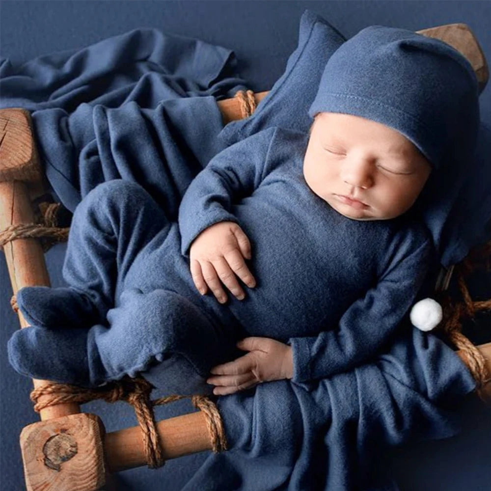 Newborn Romper with Knot Pom Hat Baby Photography Outfit