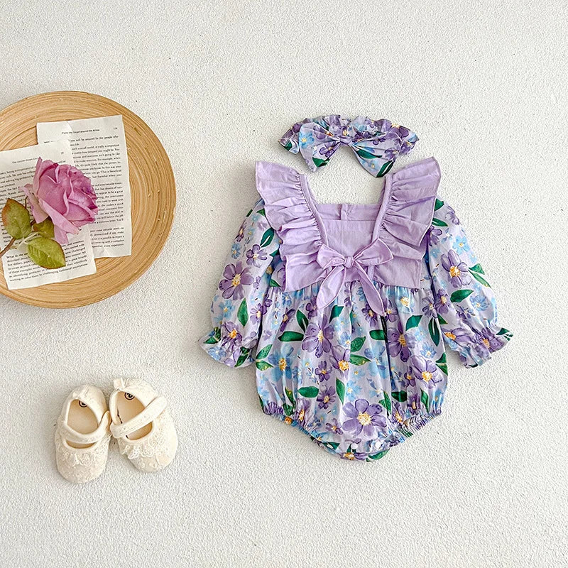Autumn Newborn Infant Baby Girls Romper + Headband Long Sleeve Rompers Pure Cotton Kids Onepiece Fashion Floral Baby Clothing