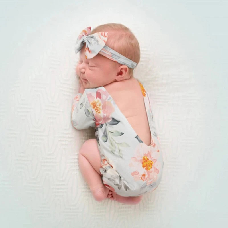 2 Pcs Newborn Photography Props Baby Flower Printed Romper Bow Headband