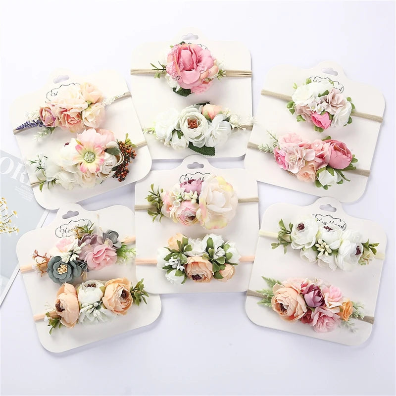 2pcs/set Simulation Flower Baby Headbands Soft Elastic Nylon
