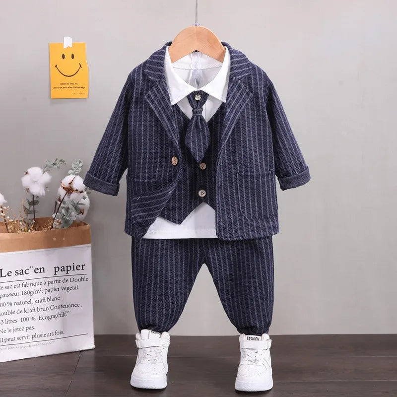 Baby Plaid gentleman suit set tie shirt trousers three piece set