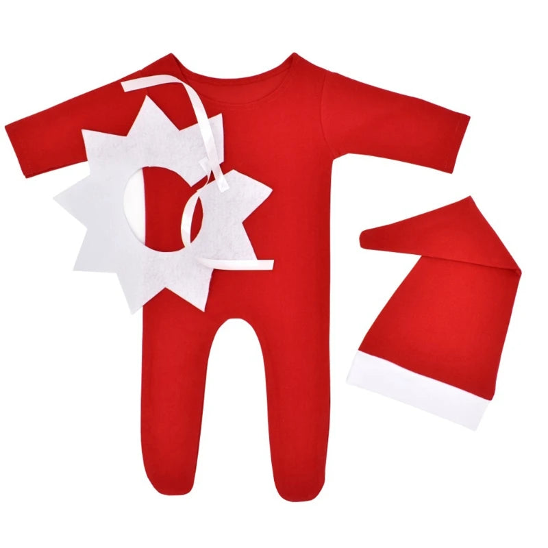 1 Set Newborn Photography Props Clothing Red Baby Romper with Collar Long Tail Hat Set Bodysuit Beanies Kit for Infants