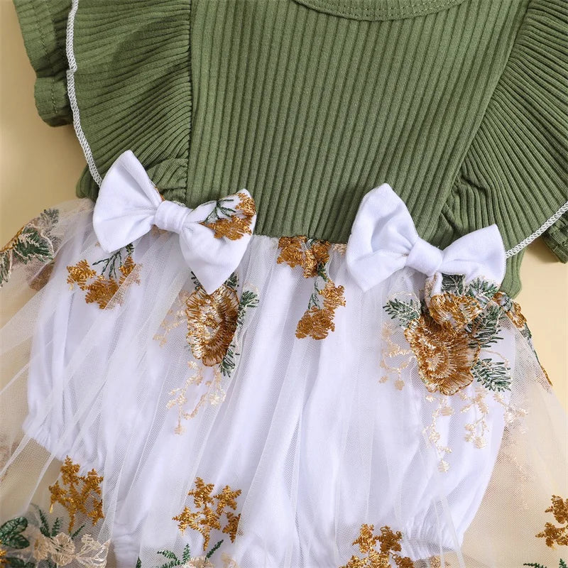 0-2Y Knit Rib Ruffles Crew Neck Dress with Bow Headband