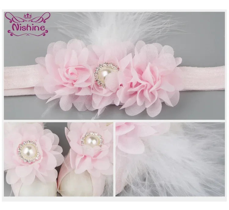 3pcs/lot Chiffon Flower Headband with Barefoot Sandals Soft Feather