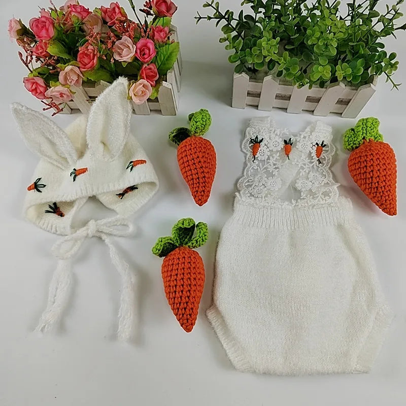 Newborn Photography Clothing Rabbit Hat+Jumpsuits+Radish 5Pcs/set