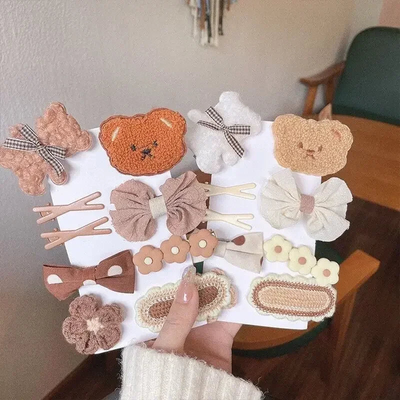 9Pcs/Set Children Hairpin Cute Bear Cartoon Baby Girls Hair Clips Bowknot Knitted Flower Kids Barretees Baby Hair Accessories