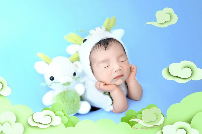 Newborn White Dragon Hat+Jumpsuit+Doll Sets Baby Photo Props