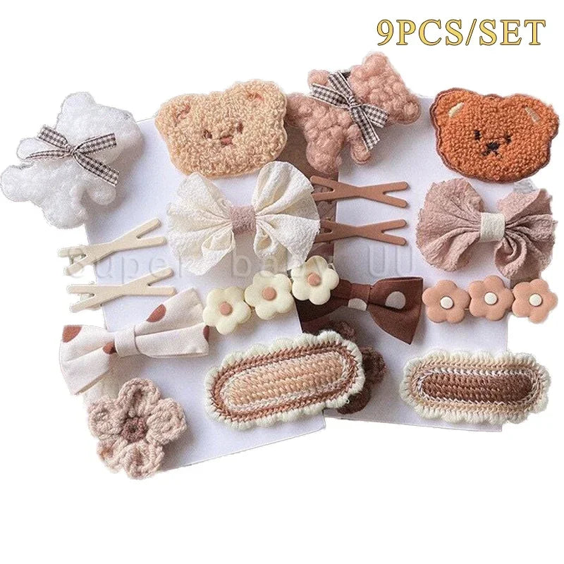 9Pcs/Set Children Hairpin Cute Bear Cartoon Baby Girls Hair Clips Bowknot Knitted Flower Kids Barretees Baby Hair Accessories