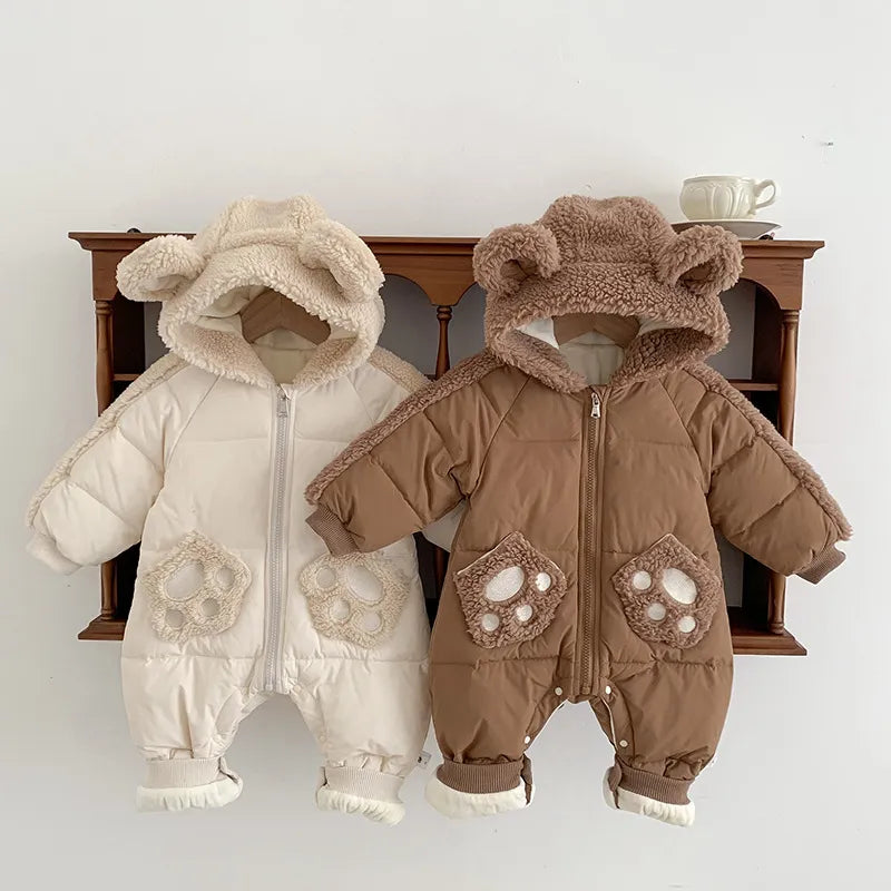 2023 Korea Winter Newborn Boy Romper Cotton Padded Long Sleeve Baby Boy Snowwear Hooded Plus Velvet Thick Warm Infant Boy Parkas