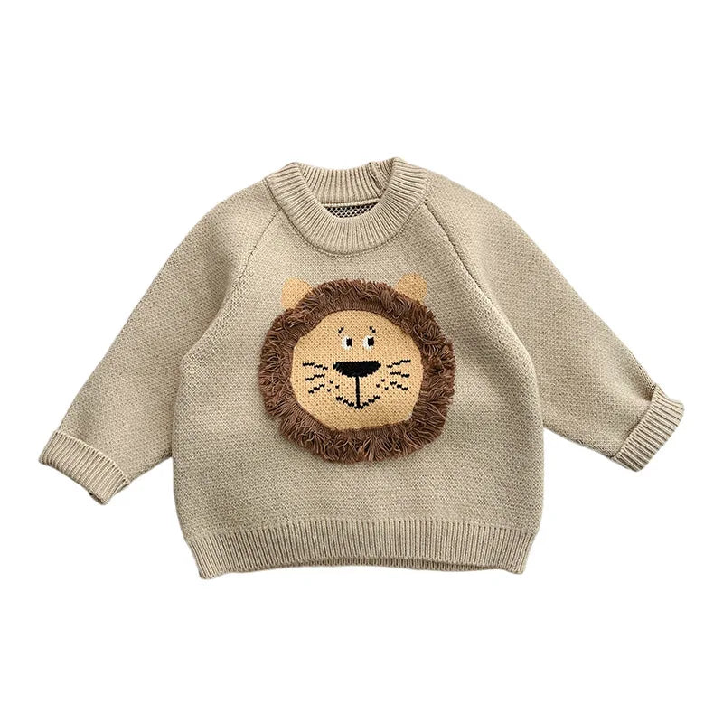 2023 Korean Autumn Winter Baby Boys Sweaters Cotton Knitted Lion Patched Infant Boys Pullovers Warm Thick Toddler Boy Knitwears