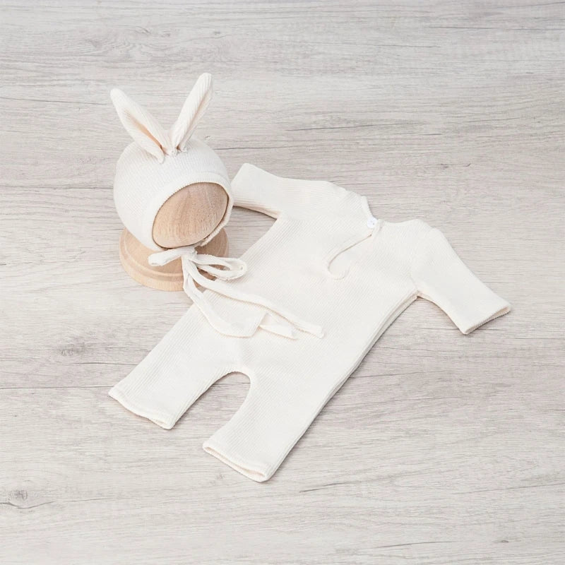 Newborn Photography Props Baby Romper+Rabbit Ear Hat+ Bunny Doll Set
