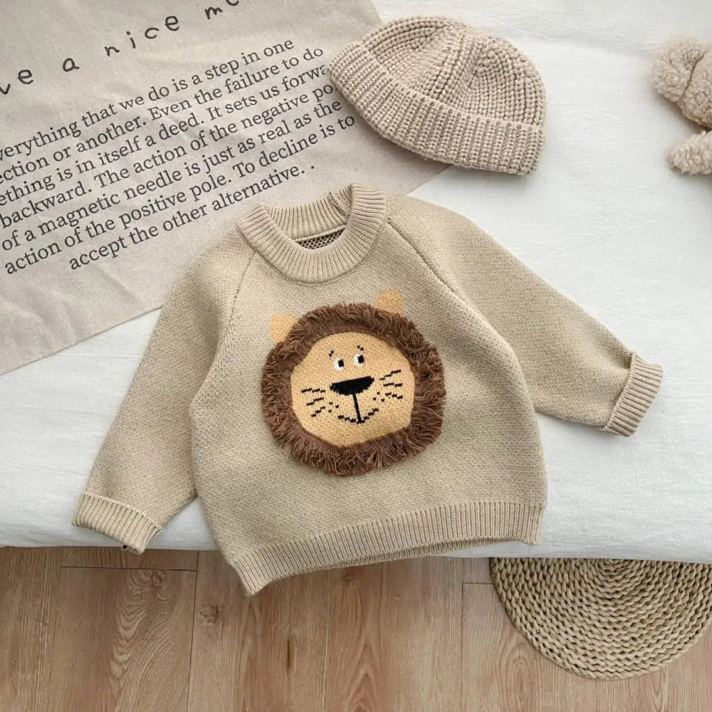 2023 Korean Autumn Winter Baby Boys Sweaters Cotton Knitted Lion Patched Infant Boys Pullovers Warm Thick Toddler Boy Knitwears