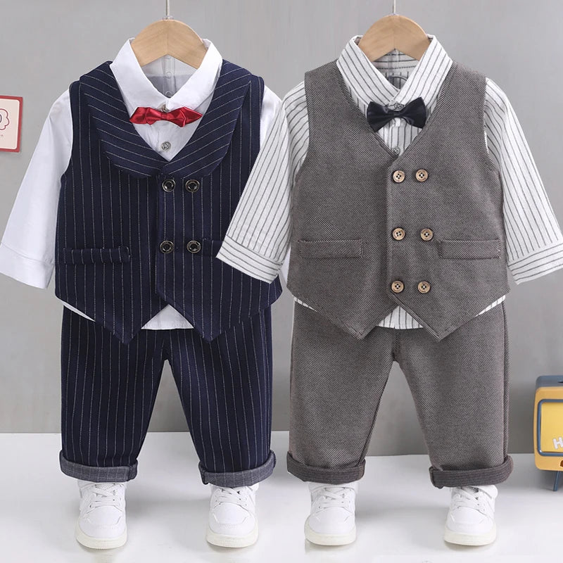 Baby Plaid gentleman suit set tie shirt trousers three piece set