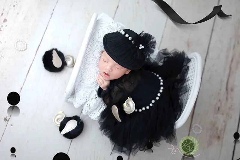 ❤️Newborn Photography Clothing Black Hat+Headband+Skirt 3Pcs/set