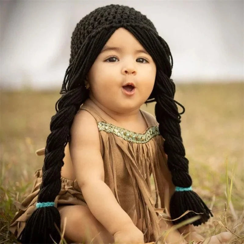 Baby Hair Pigtail Wig Cap Hand Knitted for Girls Photography Props