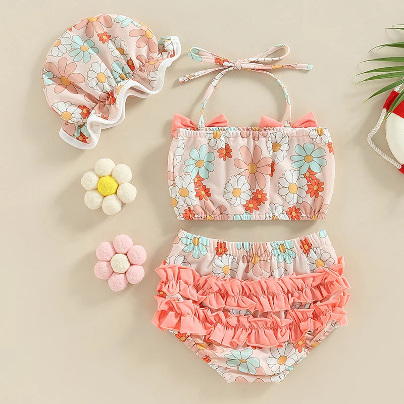 2023 Summer 0-2Y Baby Girls Three Piece Swimsuits Floral Print Halter Bikini Set Bathing Suit with Swim Cap