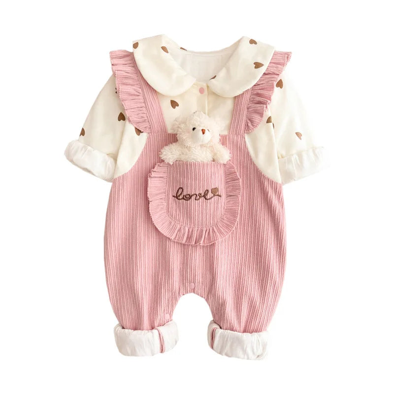 2023 Autumn Winter Infant Girls Plush Heart Printed Jumpsuit Baby Girls Cartoon 3D Bear Romper Toddler Girls Warm Bodysuit