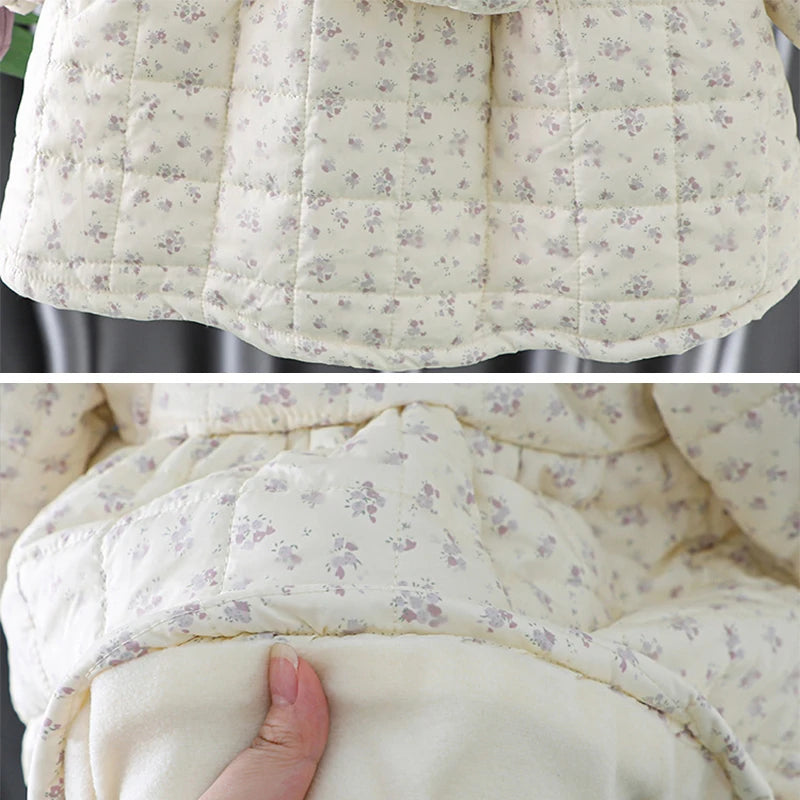 2023 Winter Baby Girls Padded Coat 2 Suits Long Sleeve Floral Backpack Infant Girls Jacket Plus Thick Warm Toddler Girls Coat