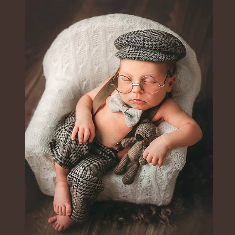 Newborn Boy Romper Hat Suits Set with Suspenders Baby